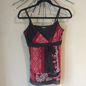 Y2K A.Byer Baby Doll Tank Boho Festival Black Red Bow Slit Front Sheer Medium